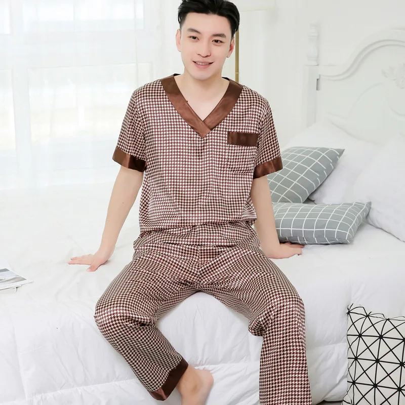 Men Pajamas Set V-Neck Pullover Stain Silk Pajama Man Soft Cozy Sleepwear Pyjamas Nightgown Trousers Sleeping Men Home Clothing