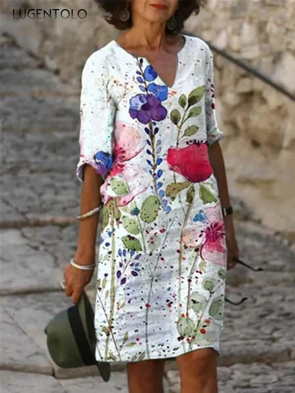 

Летнее платье Lugentolo женское с V-образным вырезом и цветочным принтом, свободные платья с коротким рукавом, женское повседневное тонкое униве...