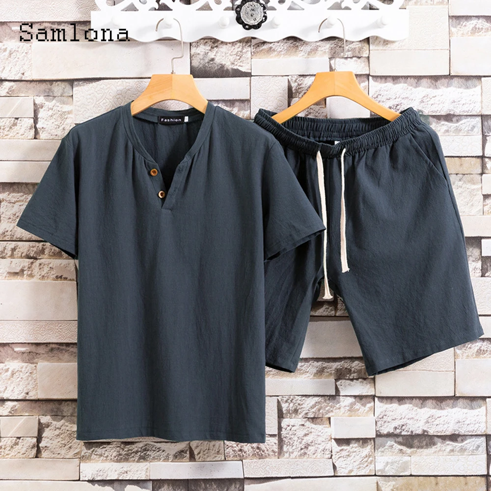 Samlona Plus Size 5xl Men clothing ropa hombre men Shirts sets Black Khaki two piece sets lightweight 2021 summer linen outfits