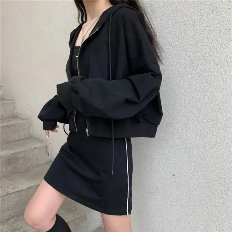 

With Hat Hoodies Chic Spring Trendy Korean Solid Zip-up Ladies Cropped Hoodie All-match Loose Popular Womens Sweatshirts Stylish