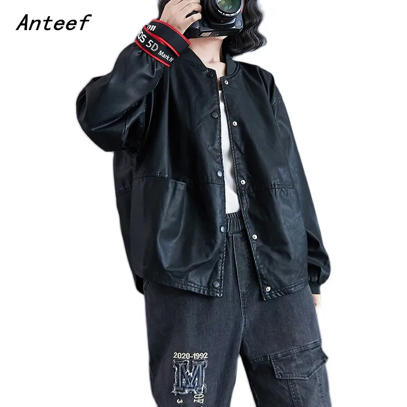 

Большие черные Куртки из искусственной кожи пу, Повседневная Свободная Осенняя байкерская куртка с диким мотором, Женская 2022 одежда, пальто