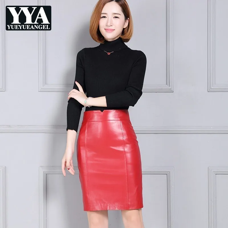 Красные тонкие кожаные юбки до колена для женщин из натуральной овечьей кожи