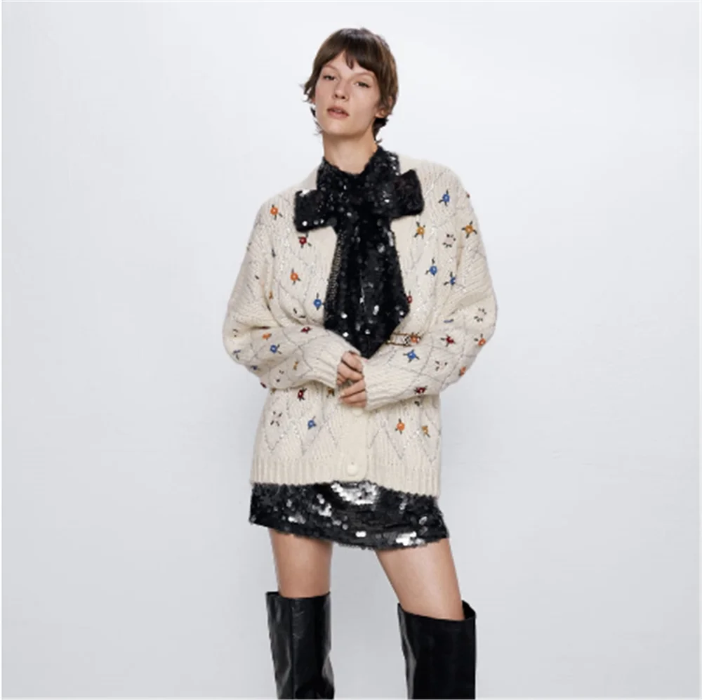 Женский кардиган с вышивкой ZA вязаный свитер длинным рукавом и v образным вырезом