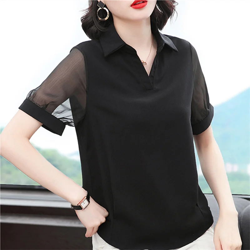 

2020 Summer Fashion Women Tops Hollow Out Short Sleeve Blouses Chiffon Shirts Elegant Lady V-Neck Plus Size Loose Clothes Blusas