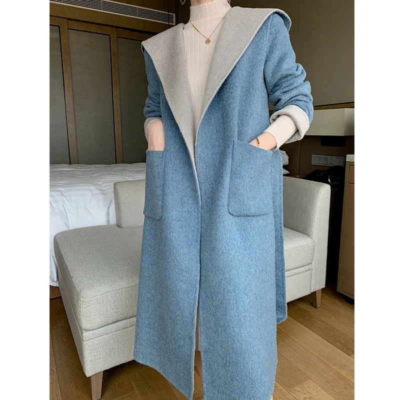 

2021 New Hooded Winter 100% Wool Coat Long Korean Jacket Belted Double Sided Woolen Coats Woman Clothes Autumn Outerwear WPY4178