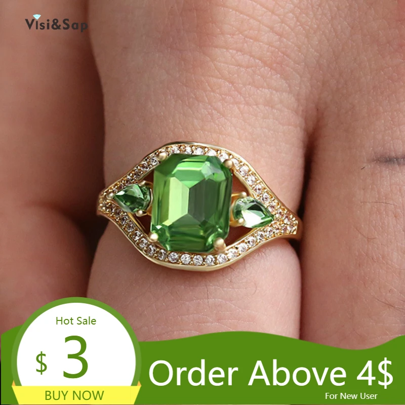 

Visisap Classic Engagement Rings for Women Green Zircon gold color Ring Fashion Anniversary Party Jewelry Dropshipping B2564