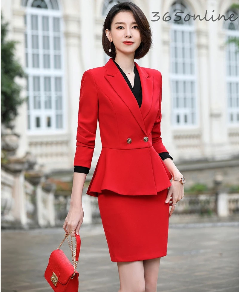 

Formal Uniform Designs Women Business Suits with Skirt and Jackets Coat Ladies Elegant Red Autumn Winter Professional Blazers
