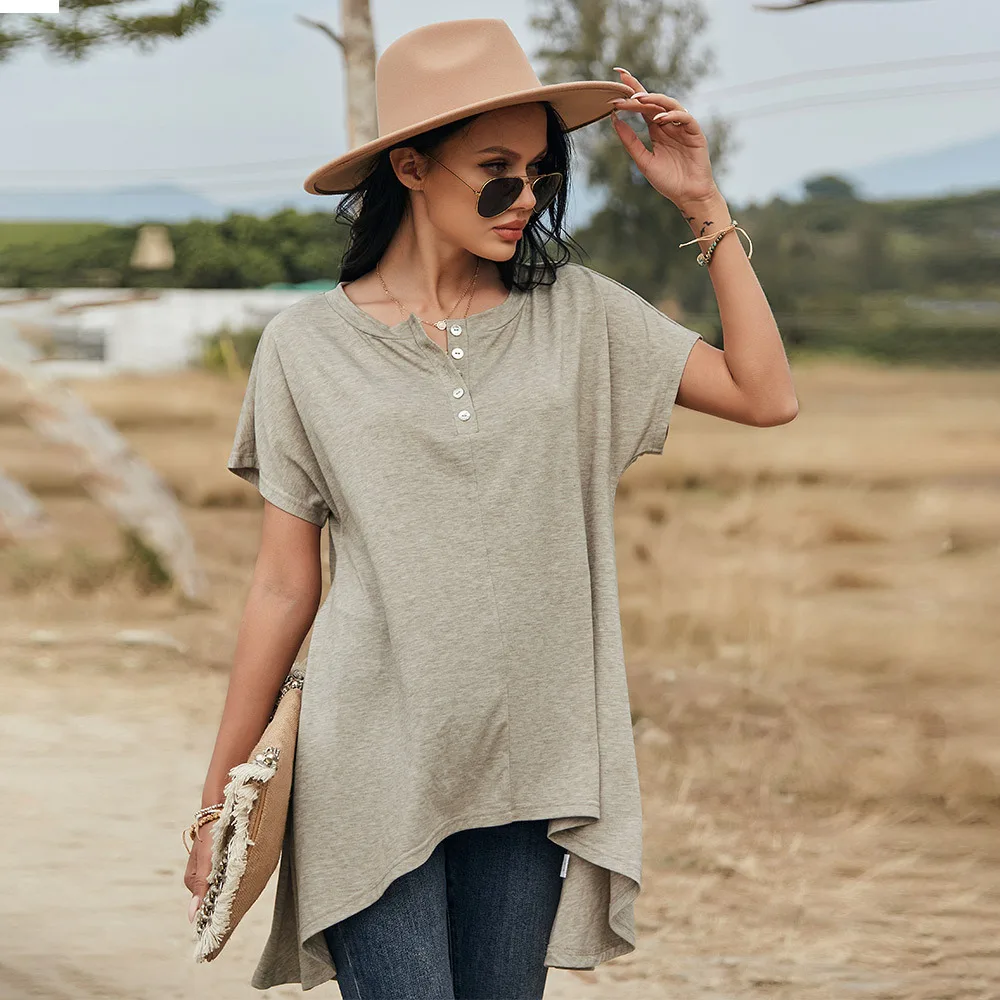 

2021 New Summer Long Loose Top Women Casual Spring Summer Short Sleeve Blouse Ladies Fashion O Neck Button Pullover Tops Khaki