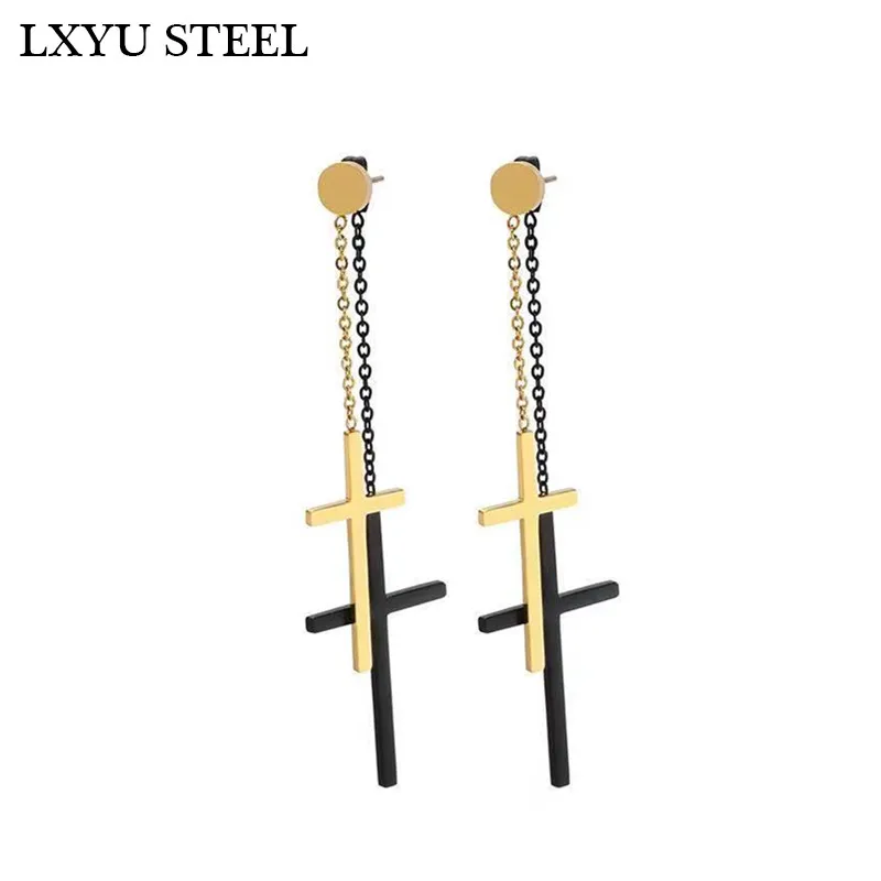 Золотые/стальные Висячие серьги для женщин крест из нержавеющей стали длинные