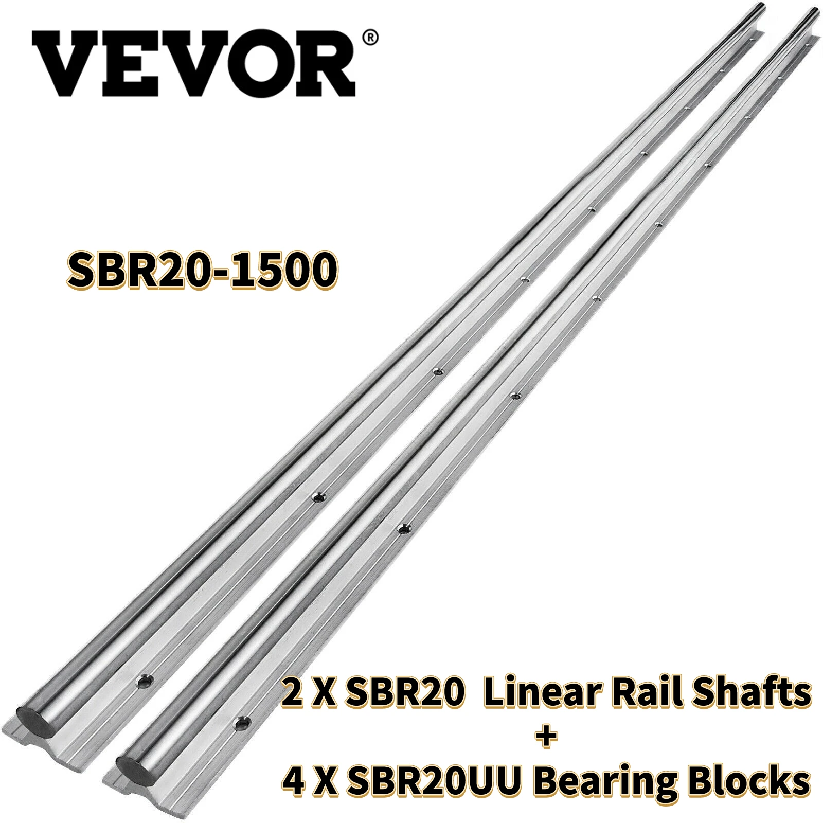 

VEVOR 2PCS SBR20-1500mm Fully Supported Linear Rail Shafts + 4PCS SBR20UU Bearing Blocks Linear Actuator for CNC Routers Lathes