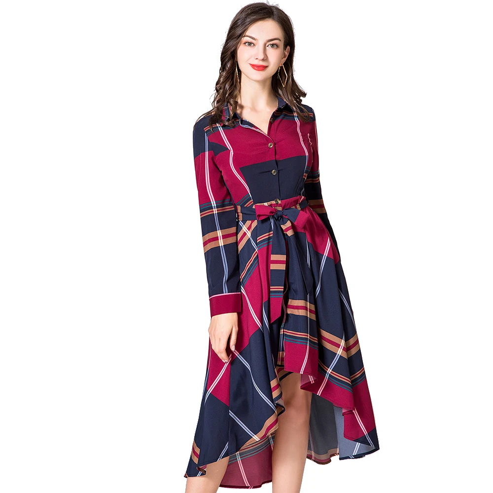 

Womens Vintage Plaid Shirts Dress Holiday Loose Sashes Dress Long Sleeve Turn-down Collar Spring Autumn Ladies Dress Vestidos