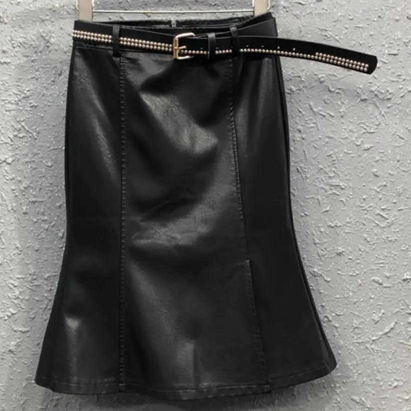 

Осенне-зимняя элегантная юбка из искусственной кожи, модная облегающая юбка с высокой талией, юбка-годе для женщин