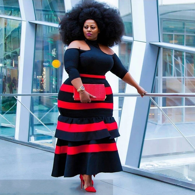

New European casual Stripe Print large dress fashion loose o-neck 7 / 4 sleeve women's shirt long skirt