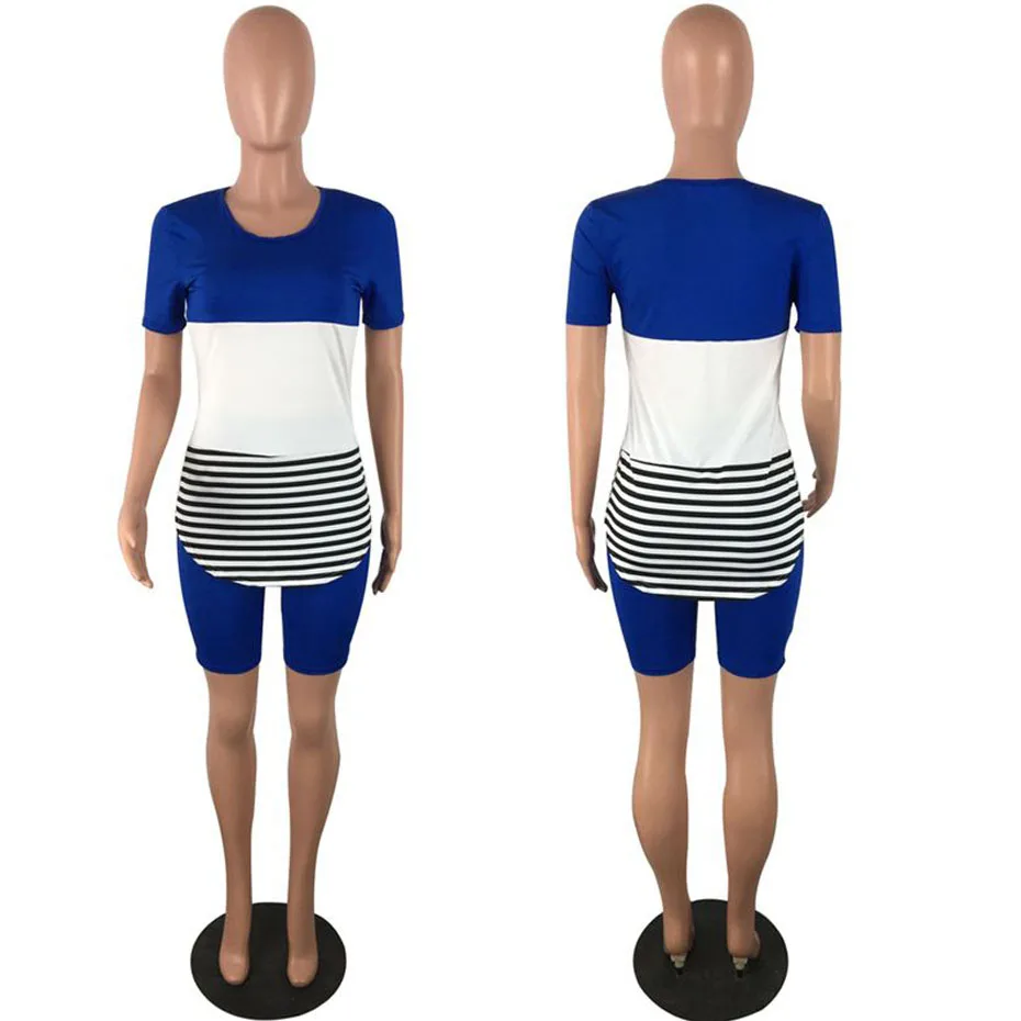 

TNNAOFF Plus Size Striped Patchwork Two Piece Tracksuits Women Set Short Sleeve T Shirt+Biker Shorts Lounge Wear Matching Sets