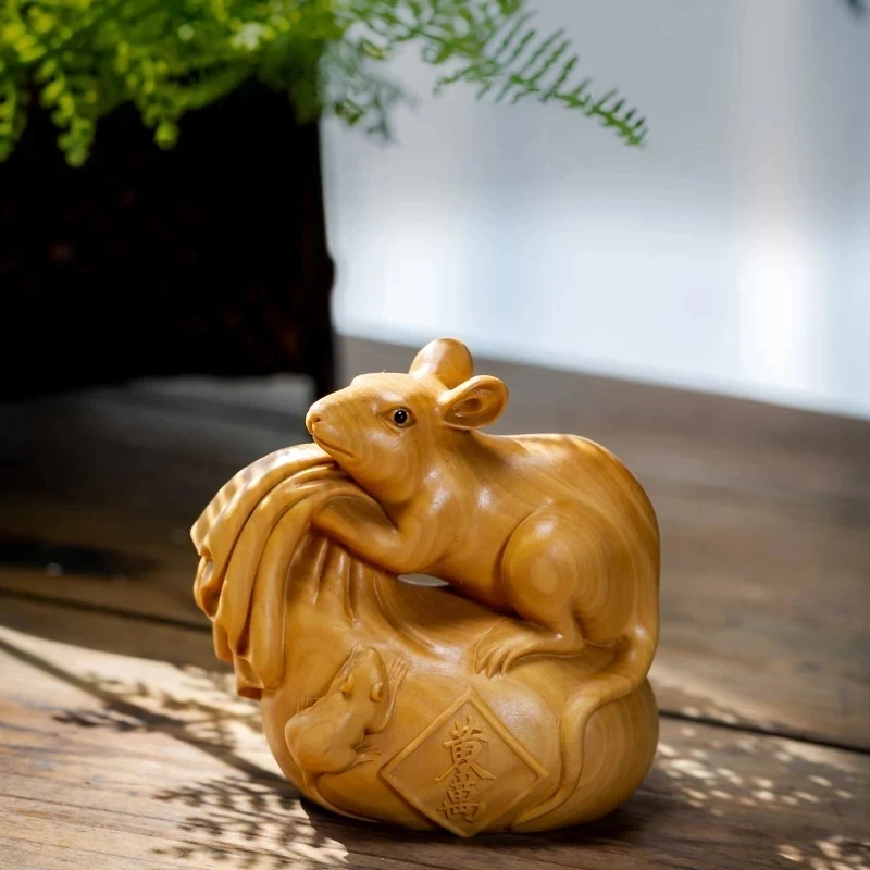 Boxwood 7cm Mouse Sculpture Wood Carving Animal Rat Lucky Home Chinese Zodiac Home Decor