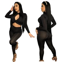 sexy black cut out 2 piece sets long sleeve bandage crop top and skinny stacked pants womens spring outfits loungewear 2021