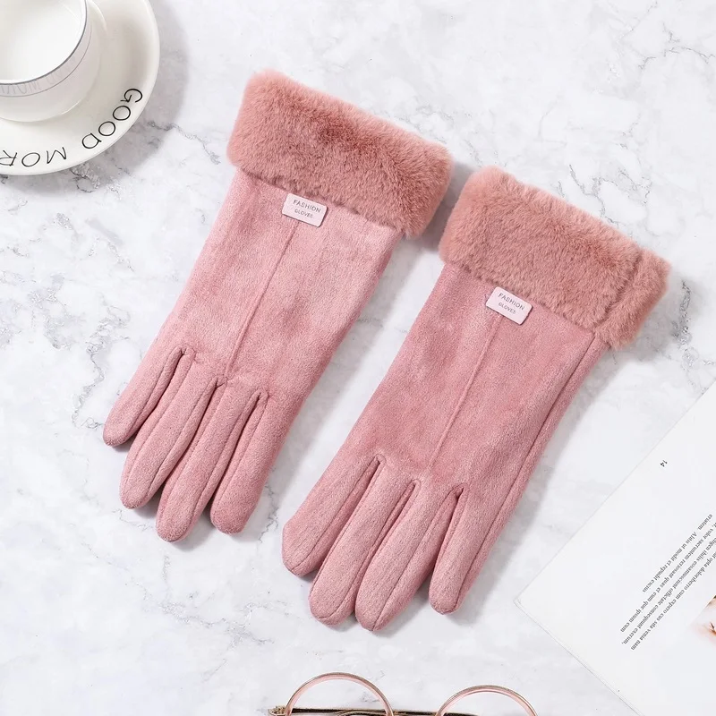 Pink4 Женские зимние перчатки с сенсорным экраном, женские замшевые меховые теплые перчатки с полным пальцем, женские зимние перчатки для спорта на открытом воздухе, женские перчатки для вождения - Цвет: Pink4