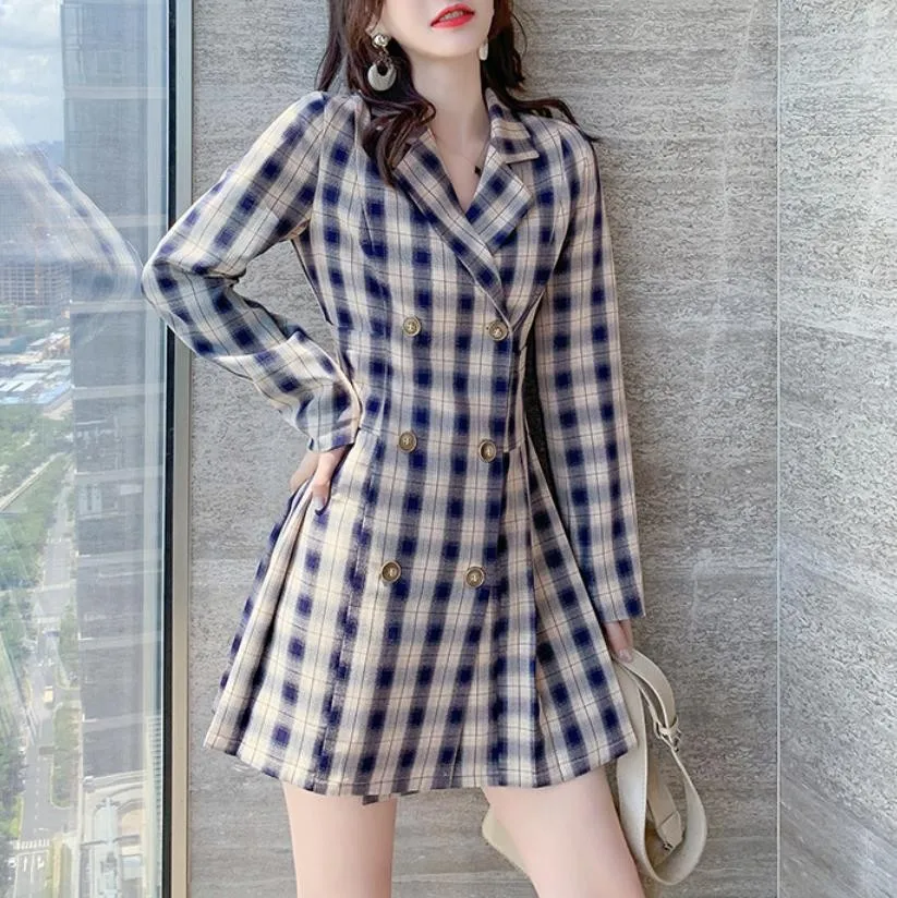 

Fashion Autumn Women's Dress Plaid Blazer Long Blazers Women Ladies Office Coats Double Breasted Retro Blazer Feminino