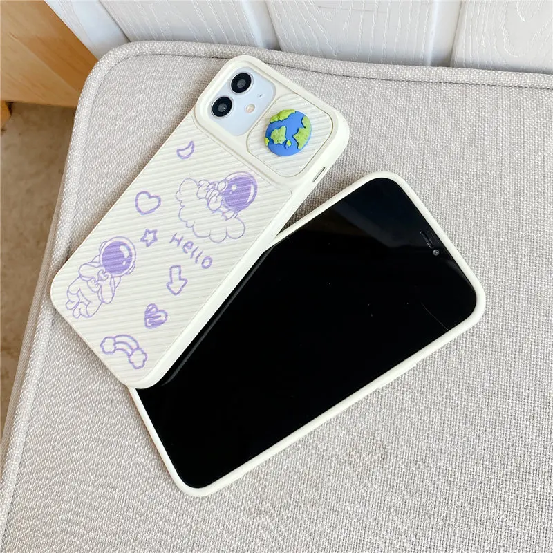 

Push pull Cute 3D Astronaut Phone Case For iPhone 11 12 Pro Max XR XS Max X 7 8 Plus Soft Silicone Slide Camera Protection Cover