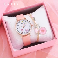 gaiety brand 2pcs set bracelet watch for women unique cartoon pattern pink girls watch fashion leather ladies clock reloj mujer