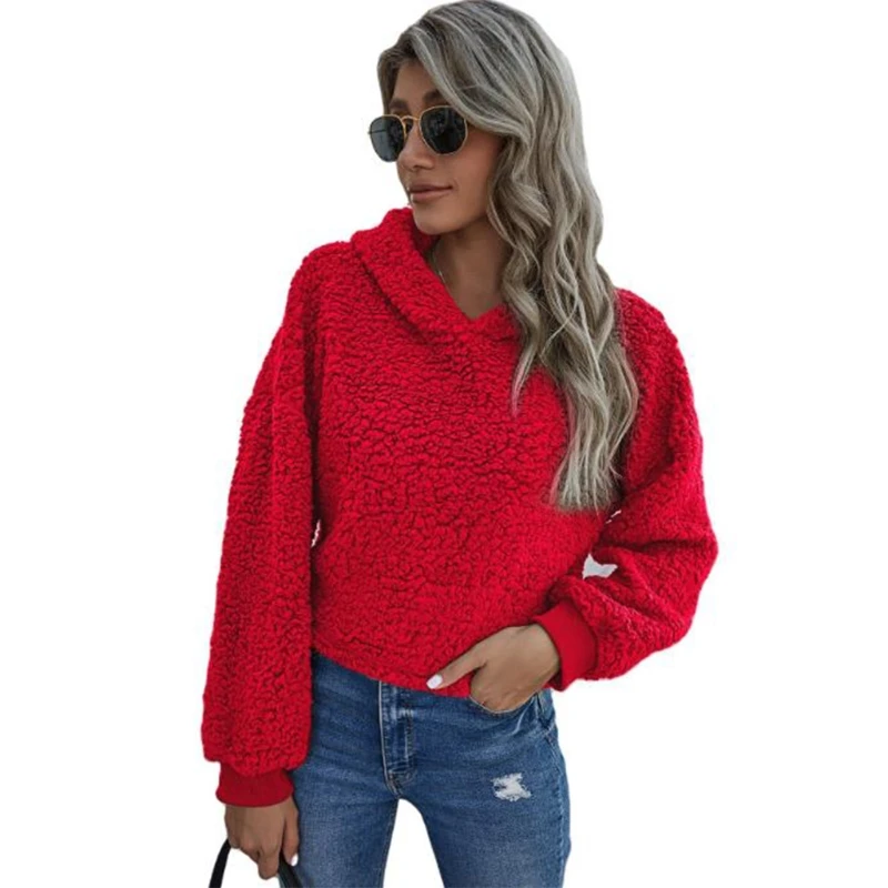 

Women Winter Thicken Warm Faux Fleece Hoodies Harajuku Solid Color Pullover Short Crop Top Long Sleeve Loose Sweatshirt