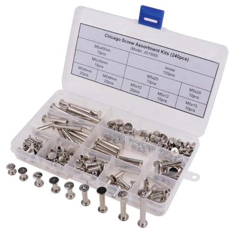 

SHGO HOT-240 Pcs Nickel Plated Chicago Screws Assortment Kits,Rivet Books Butt Screw Kits, Photo Album Binding Screw Assort Kits