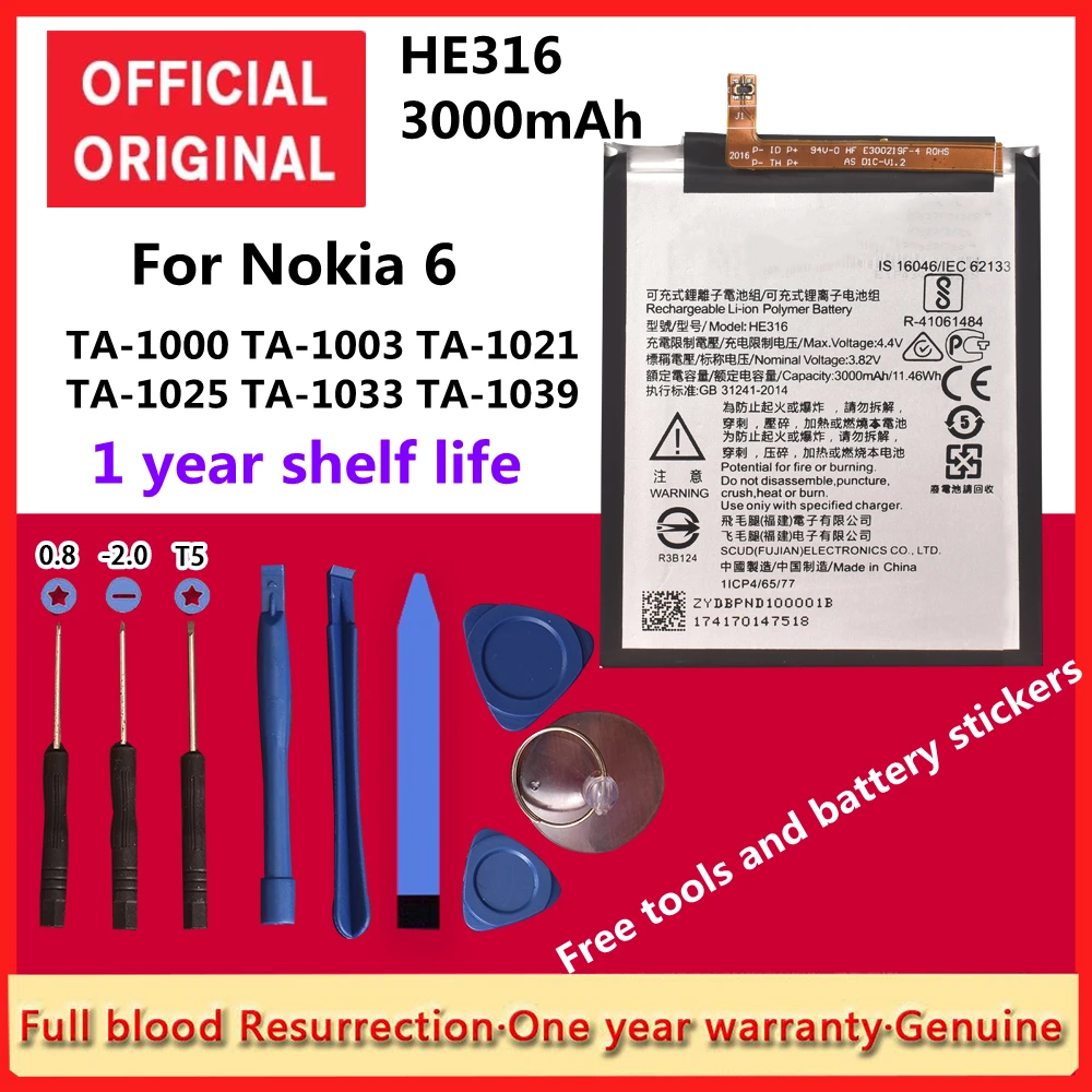 

Original HE316 3000mAh Battery for Nokia 6 Nokia6 N6 TA-1000 TA-1003 TA-1021 TA-1025 TA-1033 TA-1039 Batteries Bateria+Tracking