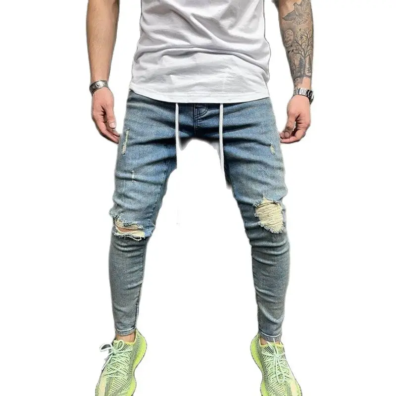 

Джинсы мужские облегающие в стиле хип-хоп, модные повседневные брюки из денима с вырезами на коленях в Корейском стиле, молодежные, 2022