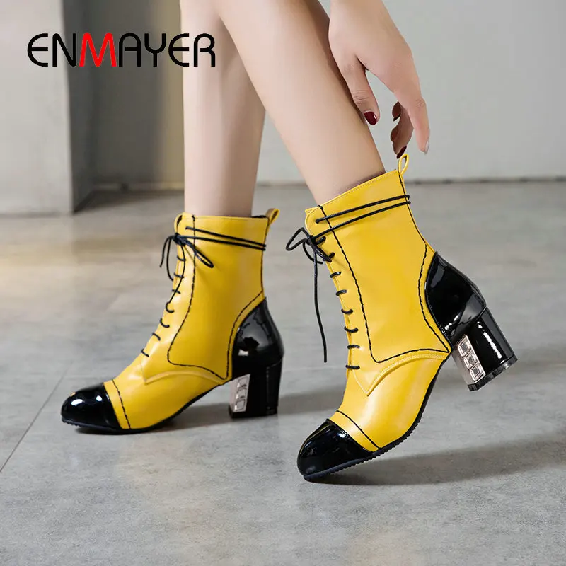 

ENMAYER Ankle Boots for Women Basic PU Round Toe Square Heel Lace Up Womens Shoes Mixed Color Short Plush High Heel Boots 34-43