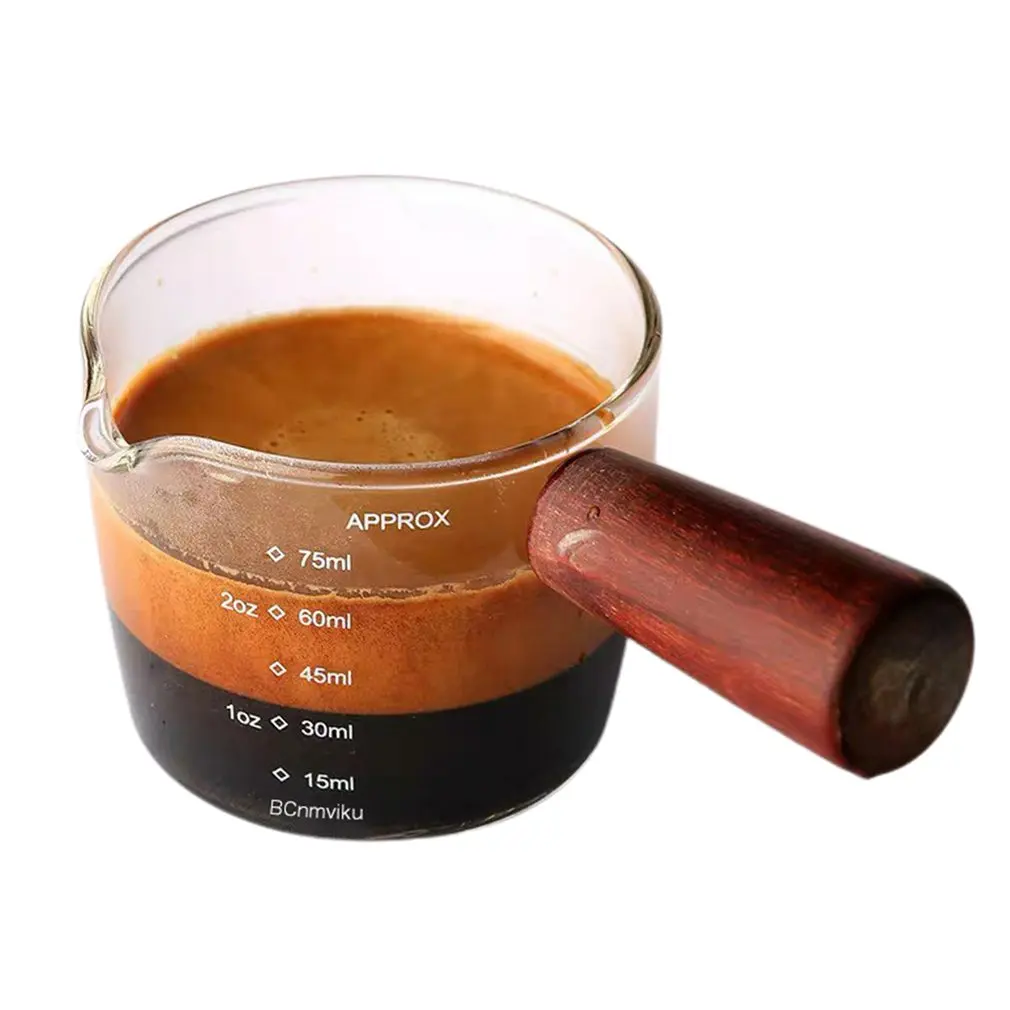 

75ml Espresso Coffee Cup Ounce Cup With Scale Wooden Handle High Borosilicate Glass Measuring Cup Coffee Drinkware