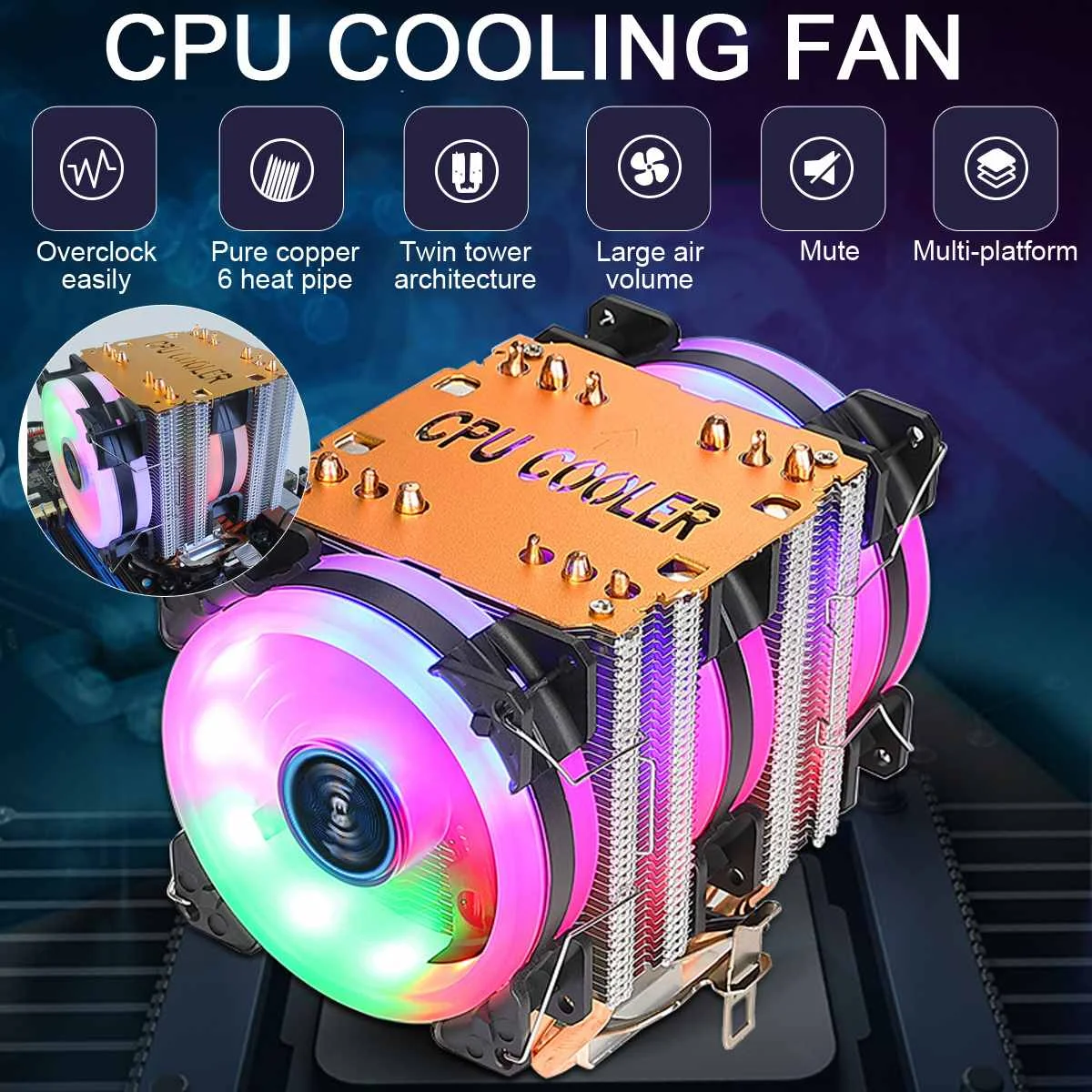 

6 Heatpipes RGB CPU Cooler Radiator Silent PWM 4PIN For AMD AM2 AM4&AMD3 S-754/939/940 Intel lGA775&Intel 1150/1151/1155/1156