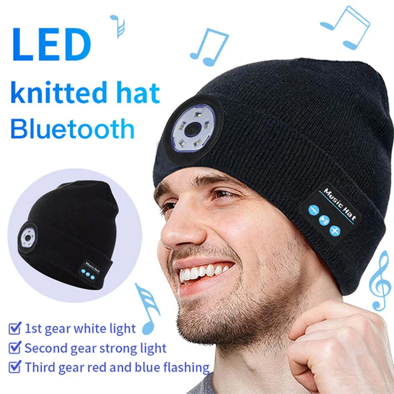 Bluetooth Beanie Hat with LED Headlight Lighted Cap Rechargeable Wireless Winter Warm Knit can |