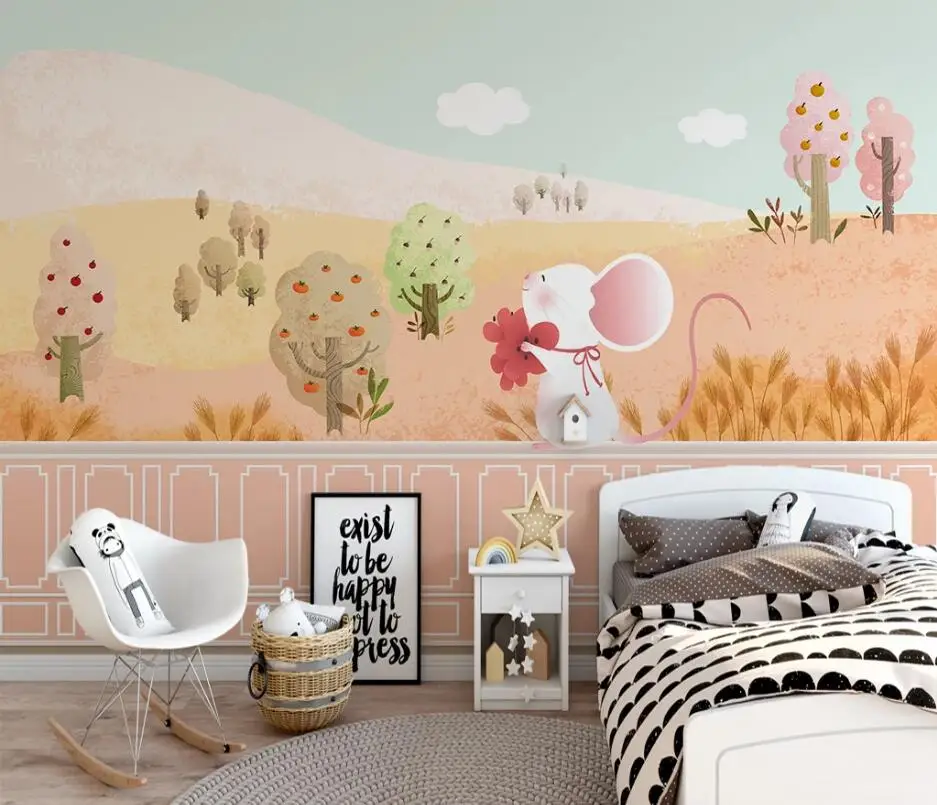 

Customized cartoon golden forest scenery cute tree blue sky children's room background wall painting wallpaper