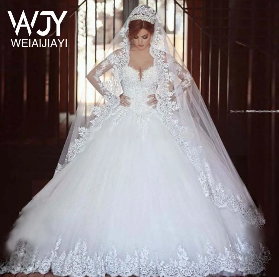 

Sparkly Lace Wedding Dress Heep V Neck Illusion Bodice vestido de noiva Long Sleeve Sheer Appliques Bridal Gowns Spring