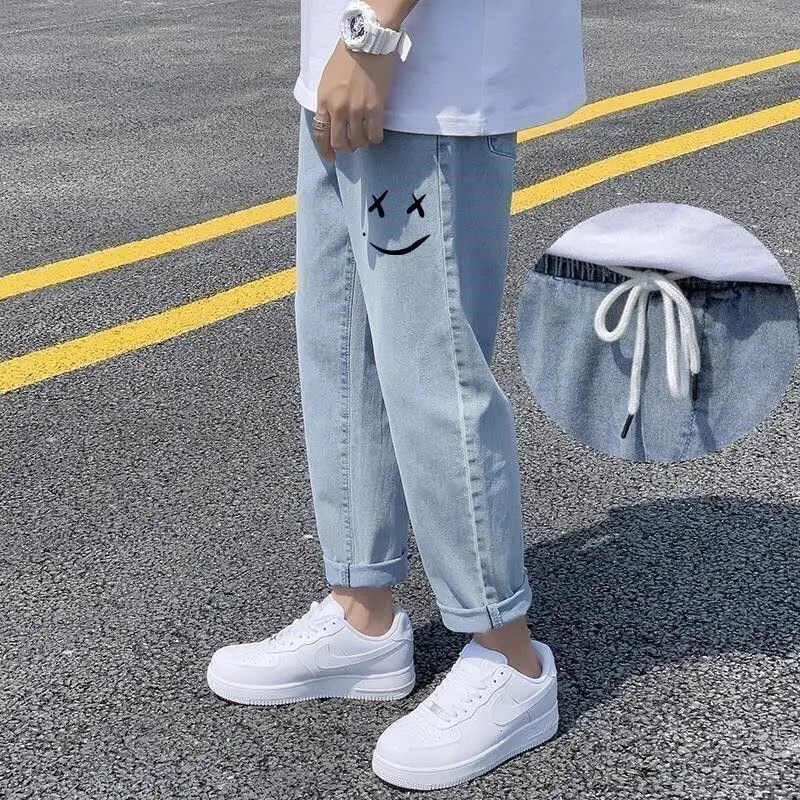 

Elastic waist straight jeans men's Hong Kong Style Capris autumn student's versatile casual long pants in spring and summer