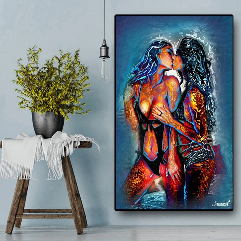 Abstract Portrait Two Hot Girl Kissing Wall Art Pictures Cuadros Canvas Painting Prints for Living Room Bedroom Frameless | Дом и сад