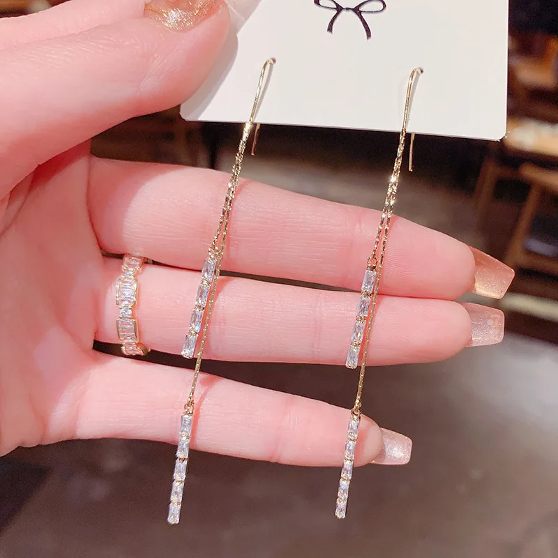 

New Long Zircon Tassel Luxury 14K Real Gold Stud Earrings for Women Cubic Zircon ZC Earrings