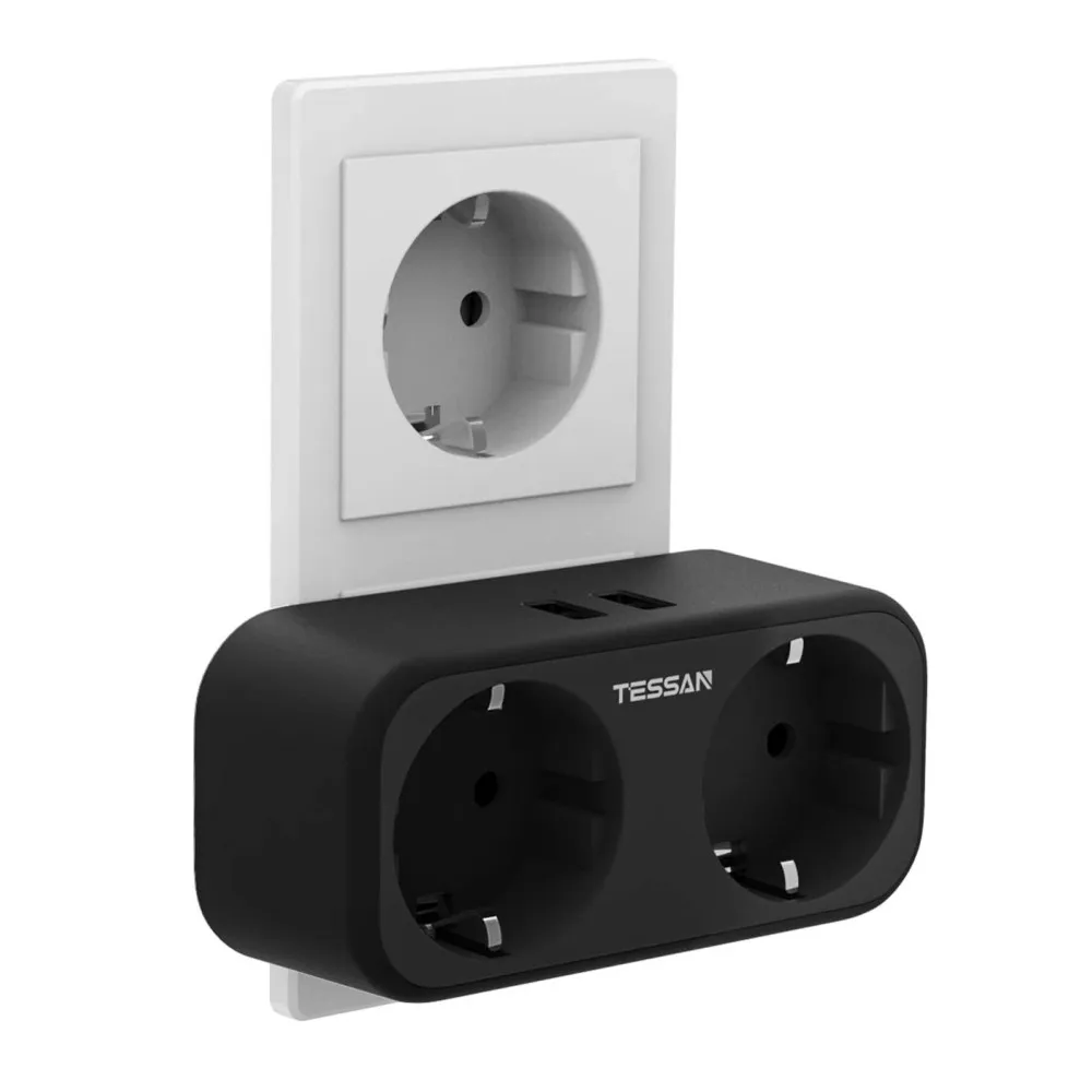 

TESSAN Black EU Plug Socket Power Strip with 2 USB Ports & 2 AC Outlets Overload Protection Wall Socket Adapter for Phone Tablet