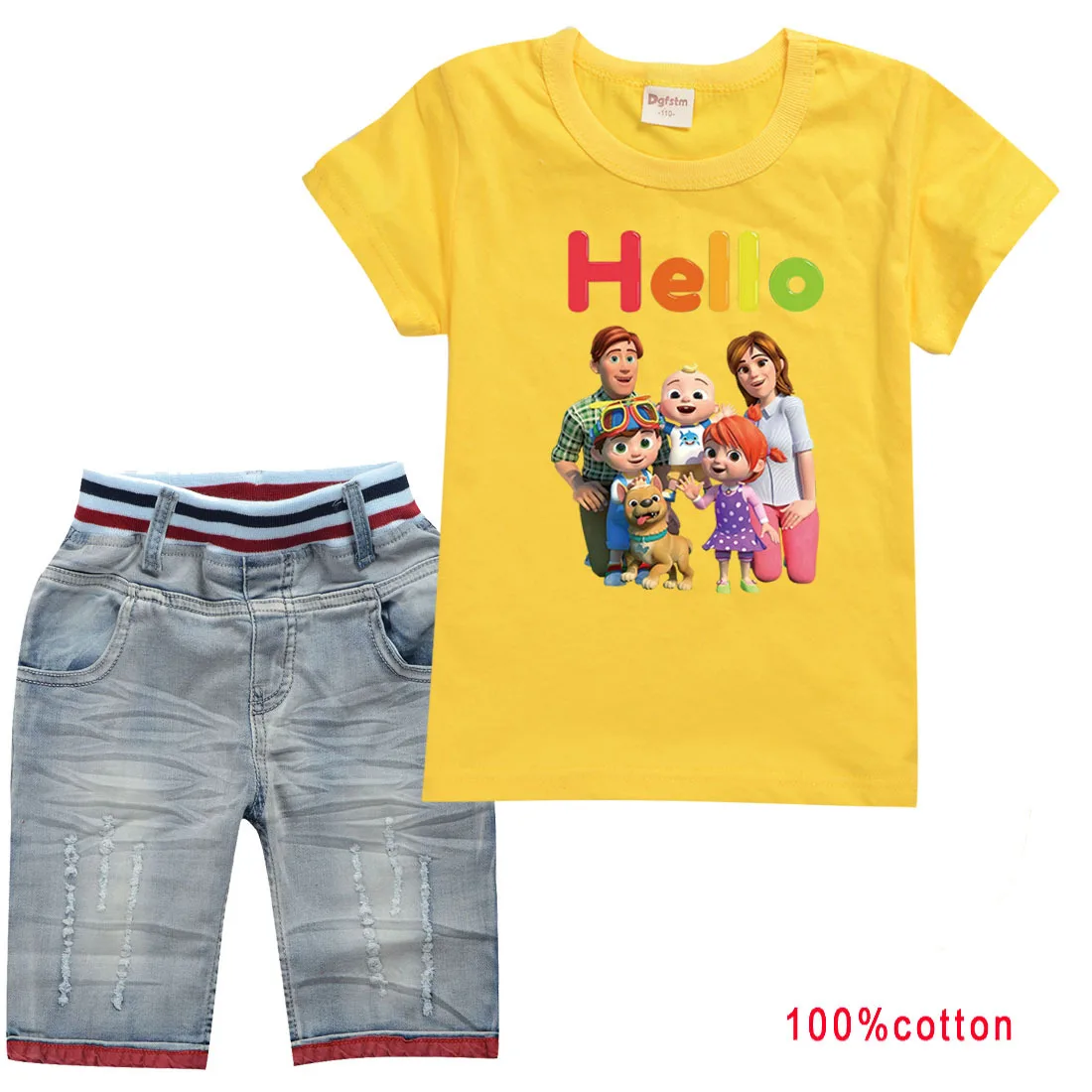 

2021 Summer Cartoon Kawaiyi Boys Cocomelon JJ Clothes Kids 100% Cotton T-shirts Denim Shorts 2pcs Sets Cute Toddler Girls Outfit