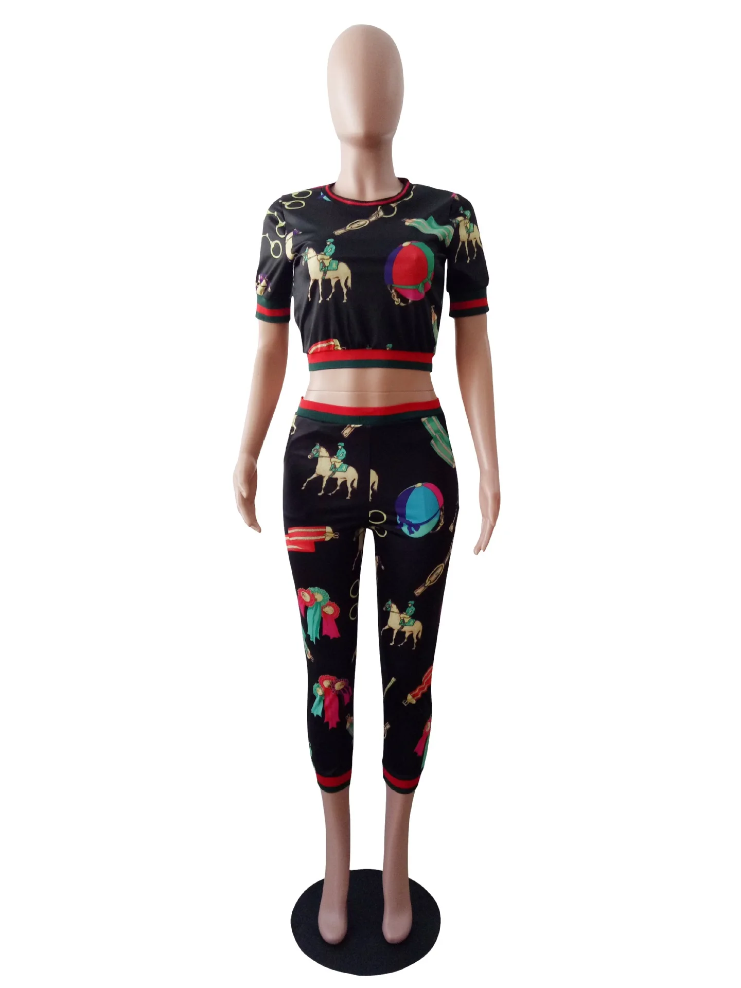 

Women's Printed Short-Sleeve Cropped Trousers Casual Two-Piece Suit