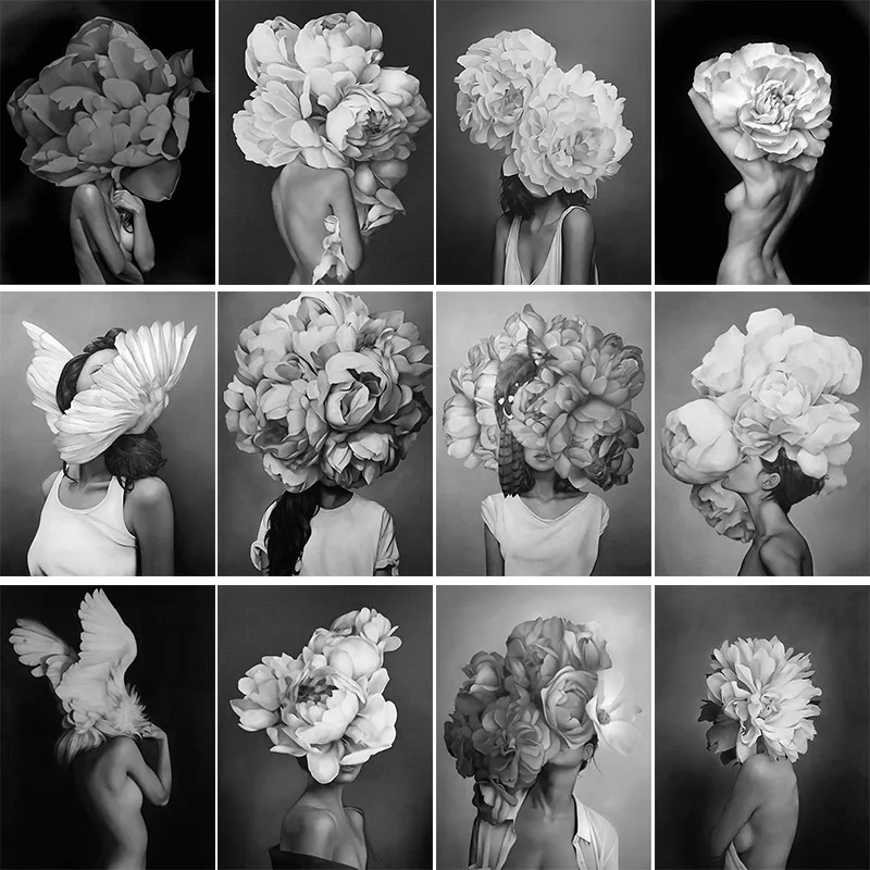 Черно белый цветок для женщин сделай сам алмазная картина вышивка крестиком