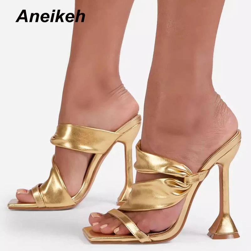 

Aneikeh Women Shoes Summer Fashion PU Concise Classics Pleated Slides Solid Outside Spike Heels Shallow Peep Toe Black Size35-42