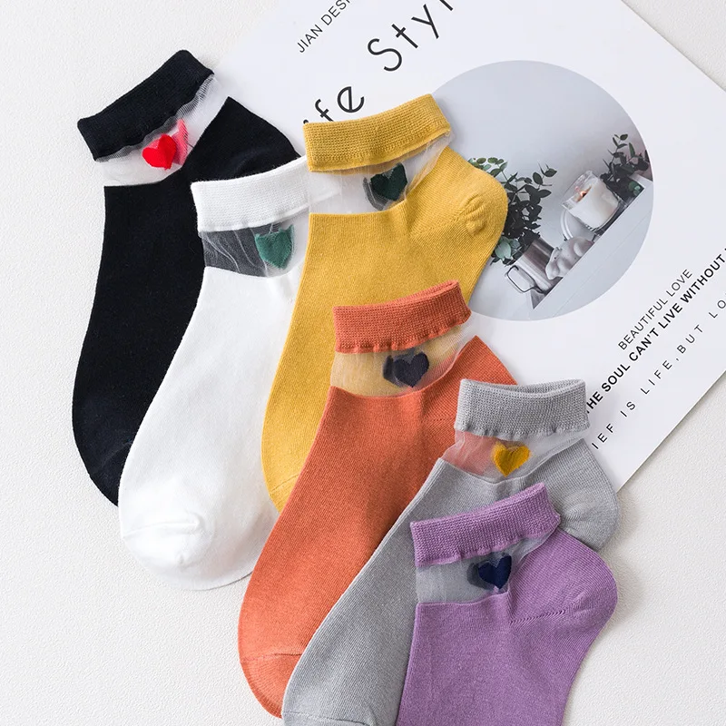 

Summer Cute Transparent Ladies Comfortable Sexy Love Heart-Shaped Pattern Cotton Bottom Fashion Soft Solid Color Socks Women