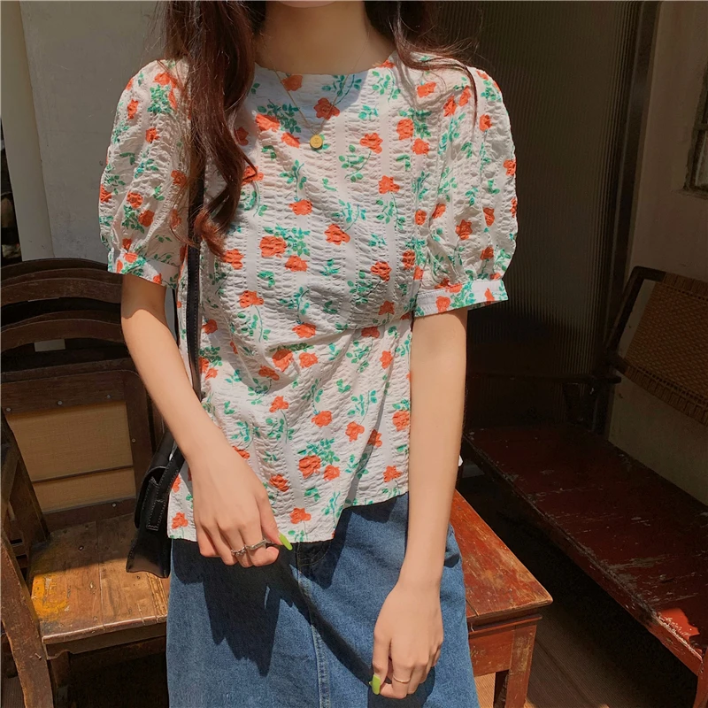 

Summer Women Korean Sweet Fashion O-Neck Short Puff Sleeve Top Shirts Blouse YOU265
