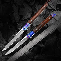 ceo folding pocket knife m390 steel tanto point blade ironwood and titanium damascus handle with leather sheath for men edc tool
