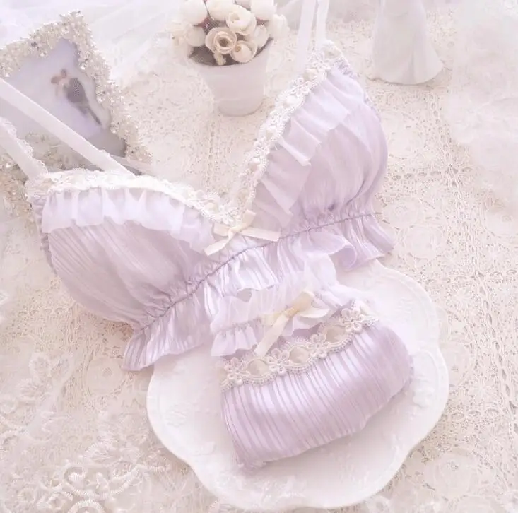 

100% Real Photo Lolita Sexy Cute Kawaii Padded Wireless wire free Seamless Striped Prints Chiffon Ruffle Bra Panties Underwear