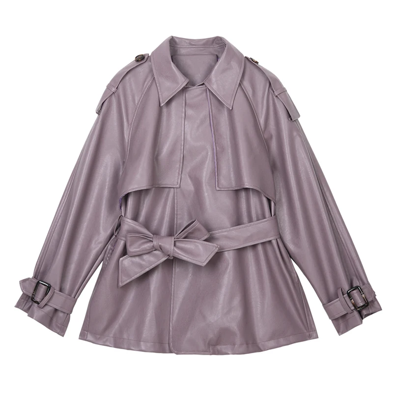 Куртка женская из мягкой ПУ кожи с отложным воротником и поясом | Женская одежда