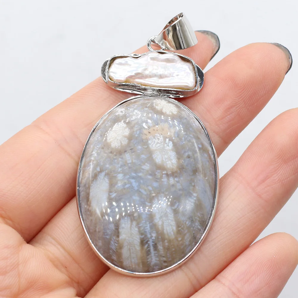 

Natural Stone Gem Egg-shaped Inlaid Shell Pendant Handmade Crafts DIY Necklace Jewelry Accessories Gift Making for Woman 30x50mm