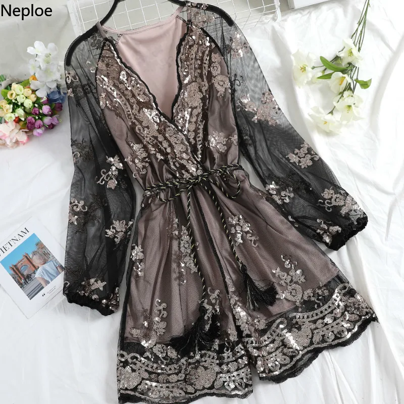 Женское платье с вышивкой Neploe V-образным вырезом и длинным рукавом вечернее