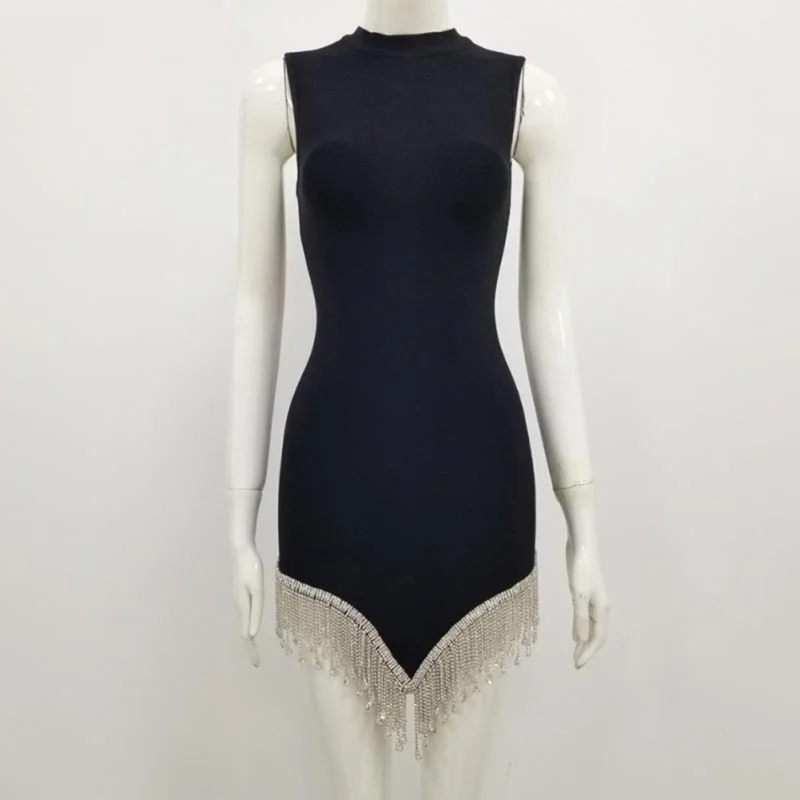 

Women Round Neck with Diamond Fringes Bodycon Elegant Sexy Party Mini Dress Sleeveless Sexy Dress vintage black dress summer